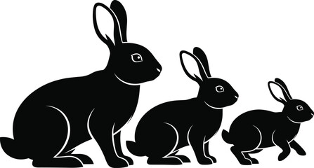 Three black rabbit silhouettes in different sizes, minimalist bunny vector illustration, Easter animal design, cute wildlife art, nature symbol, decorative graphic