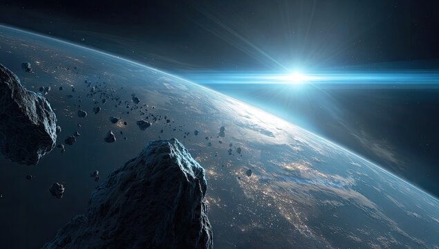 Planet's horizon, bright starburst, and scattered asteroids in deep space - Powered by Adobe
