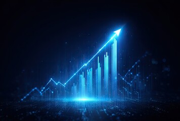 Abstract glowing upward arrow and financial growth chart against dark background