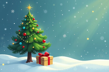 A Christmas tree adorned with ornaments, lights, and a star, accompanied by a wrapped gift in the snow, against a blue-green background with snowflakes.