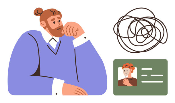 Young man in reflective pose beside a scribble representing unresolved thoughts or confusion, with an ID card symbolizing personal identity. Ideal for mental health, self-reflection, identity