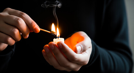 Close up elderly hands lighting a small flame in young hands symbolic memory guidance warmth continuity tradition