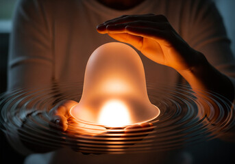 Close up elderly hands passing a small resonant bell of light to young hands symbolic awareness presence meditation guidance