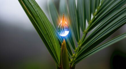 A single tear like droplet made of light hovers above young palm, soft blue core, warm edge, micro ripple reflections on skin, hush atmosphere