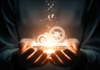 Close up elderly hands passing a tiny music box of light to young hands symbolic memory care tenderness culture wisdom