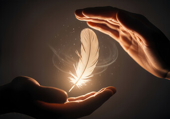 Close up elderly hands releasing a luminous feather into young hands symbolic meaning responsibility kindness wisdom