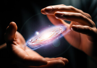 Close up elderly hands sharing a tiny spiral galaxy to young hands symbolic curiosity science awe cosmic wisdom