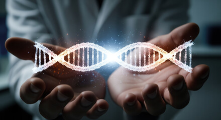 Close up elderly hands passing a tiny luminous dna helix to young hands symbolic knowledge life science curiosity responsibility legacy