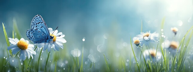 Blue butterfly on white daisies in a sunny, dewy meadow with soft focus