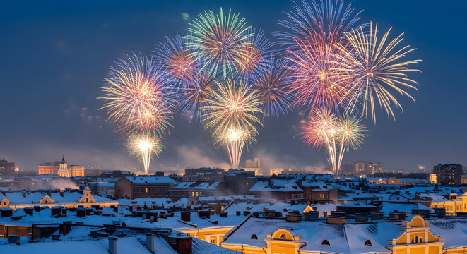 Colorful fireworks explode over a snow covered city at night - Powered by Adobe