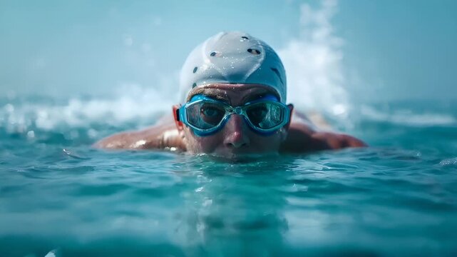A closeup shot of a swimmer in action in a swimming pool. The swimmer is wearing a swimming cap and goggles, and their face is partially obscured by the goggles.
