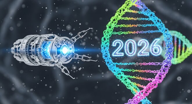 Close-up of microscopic nanobots, floating near a bright abstract 3D visualization of the number '2026' woven into DNA strands or cellular structures