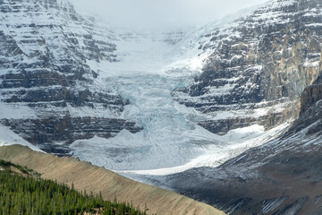 Glacier on steep cliffs in Jasper National Park, Canadian Rockies