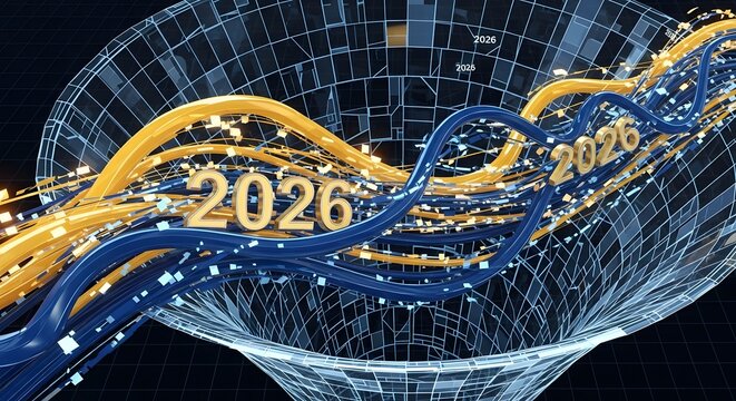A dynamic cascade of abstract financial data graphs (bull and bear market lines) flowing through a colossal, crystalline digital funnel