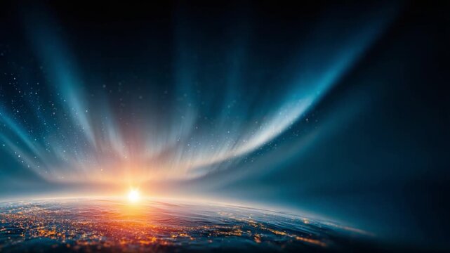 Celestial Dawn: Witness the awe-inspiring moment as the sun begins to rise, its light casting an ethereal glow over the Earth's horizon, evoking feelings of wonder and renewal.