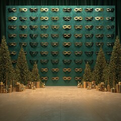 Fototapeta premium A Festive Display of Elegant Masks Surrounded by Sparkling Trees and Glittering Decorations for the Holiday Celebration