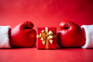 Santa boxing gloves and gift on red background for boxing day