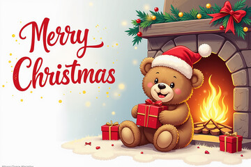 Teddy bear in Santa hat sits by fireplace, holding red gift, surrounded by presents and holly decorations.