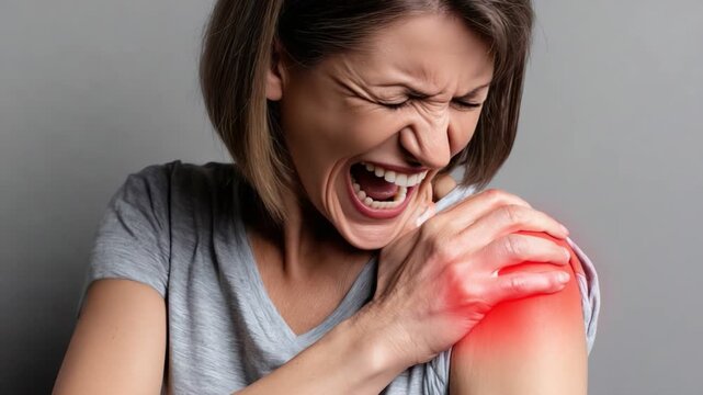 A woman experiencing discomfort in her shoulder, showing signs of pain and distress. Her heartfelt expression reflects the struggles of managing physical ailments.
