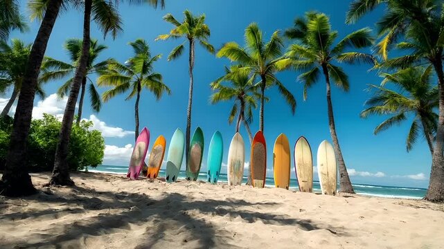 A vivid tropical beach scene featuring a row of colorful surfboards against a backdrop of palm trees and clear blue sky. The surfboards are of various colors, including pink, blue, green, yellow.
