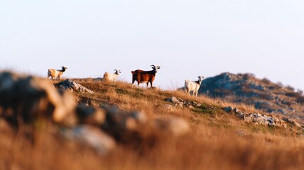 A serene landscape featuring a group of goats grazing on rolling hills during sunset, with soft hills in the background