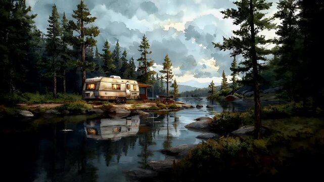 Aerial view of a tranquil lakeside scene with a caravan parked by the waters edge, surrounded by lush greenery and tall pine trees. The sky overhead is painted with fluffy white clouds.
