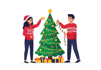Couple Decorating a Christmas Tree with Lights and Star