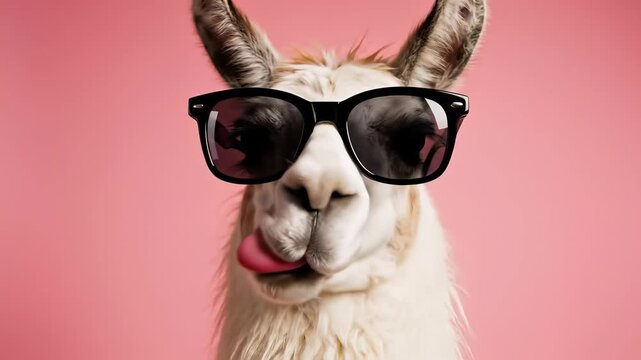 Llama wearing trendy sunglasses playfully sticks out tongue in fun, quirky 4K UHD image capturing concept of relaxation and casual elegance perfect for conveying humor or whimsy in projects like.
