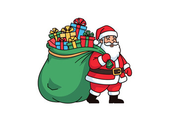 Cartoon Santa Claus Carrying a Large Green Sack Full of Colorful Gifts