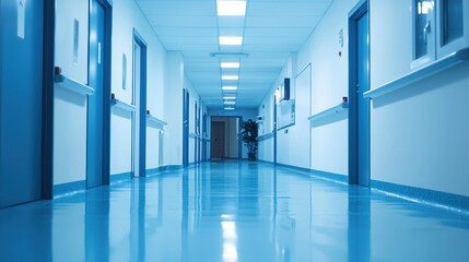 Obraz premium A clean, empty hospital hallway with blue lighting and doors on both sides.