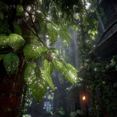 Sunlight Sparkling On Wet Forest Leaves