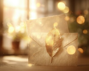 Golden Leaf Decorated Envelopes In Soft Light