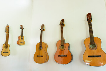 Obraz premium Wooden Instruments - Guitars, Ukelele, Charango - on a white wall