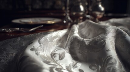 Detailed Closeup Of Ornate Tablecloth And Silverware