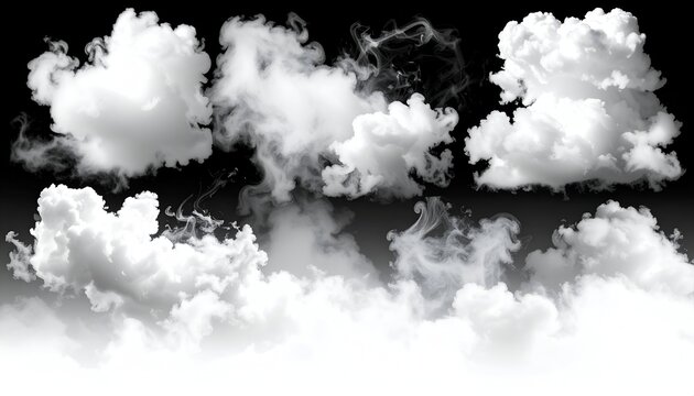 Collection of fluffy, white clouds against a gradient black background, digitally rendered