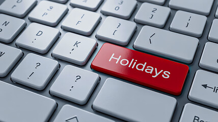 Close-up view of a dark computer keyboard with a brightly colored red 'holidays' button, symbolizing time off and break.