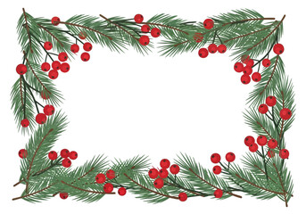 Fototapeta premium Festive Frame of Pine Branches and Red Berries for Holiday Decor