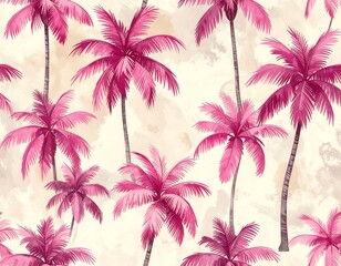 Obraz premium Artistic depiction of pink palm trees in a seamless pattern against a beige textured backdrop
