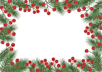 Festive Frame with Pine Branches and Red Berries for Holiday Season