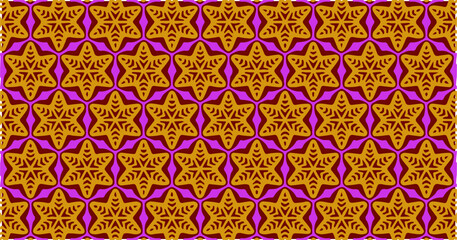 Vibrant magenta and yellow star-shaped geometric pattern with symmetrical repeating floral-like motifs for a bold decorative look.