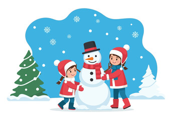 Two Girls Building a Snowman in a Winter Landscape Illustration