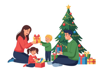 Happy Family Celebrating Christmas with Gifts and Decorated Tree Illustration