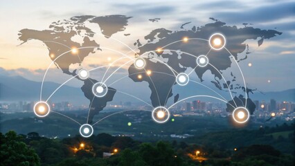 A digital world map overlaying a scenic landscape, symbolizing global connectivity and communication.