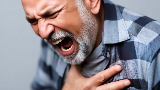 An older man in a plaid shirt experiences severe chest pain, highlighting the importance of heart health awareness and emergency responses to cardiac issues.