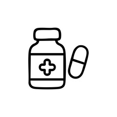 Outlined medicine bottle with plus symbol and single pill