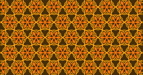 Warm-toned geometric pattern featuring orange floral star shapes arranged in a symmetrical repeating structure on a brown background.