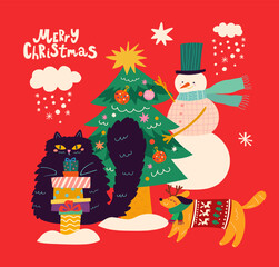 Greeting Christmas card with Snowman, cat, dog and Christmas tree.