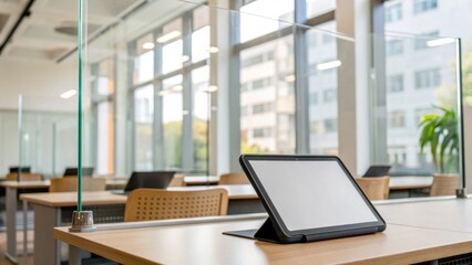 A modern classroom featuring transparent partitions, a tablet on a desk, and large windows allowing natural light.