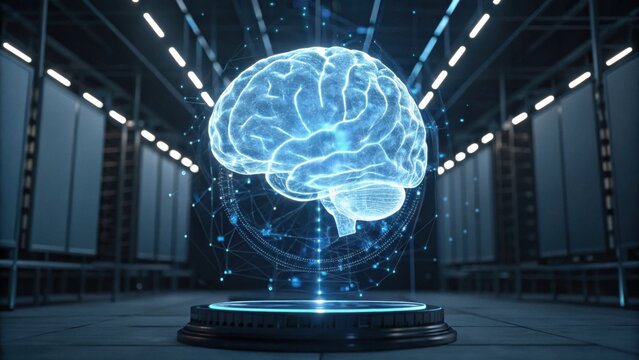 A glowing, digital representation of a brain suspended in a futuristic setting, symbolizing intelligence and technology.