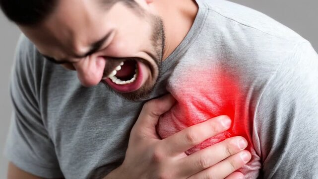 A distressed man clutches his chest in pain, highlighting the importance of recognizing heart health and the emotional struggles associated with health issues and chronic condition